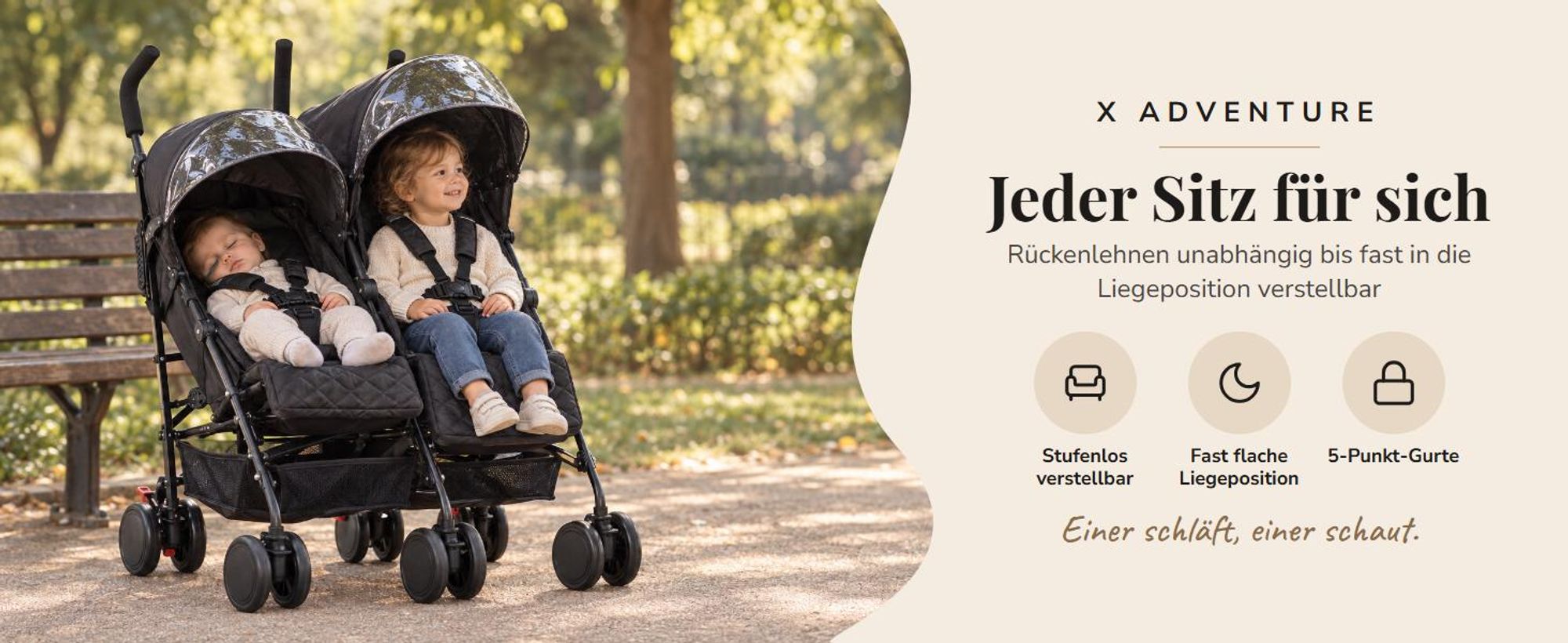 X Adventure Duo Buggy Schwarz – Geschwisterwagen für zwei Kinder nebeneinander, unabhängig verstellbare Sitze, 2 Sonnendächer, ab ca. 6 Monaten