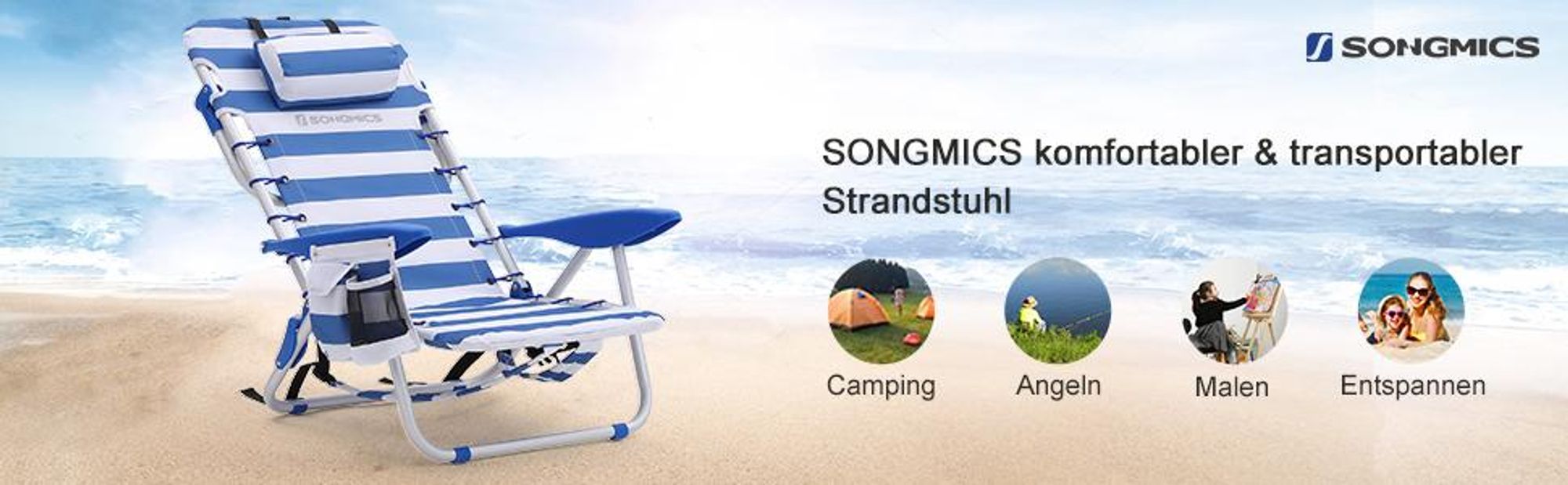 SONGMICS Campingstuhl Abnehmbarer Kopfstütze tragbarer Klappstuhl Strandstuhl
