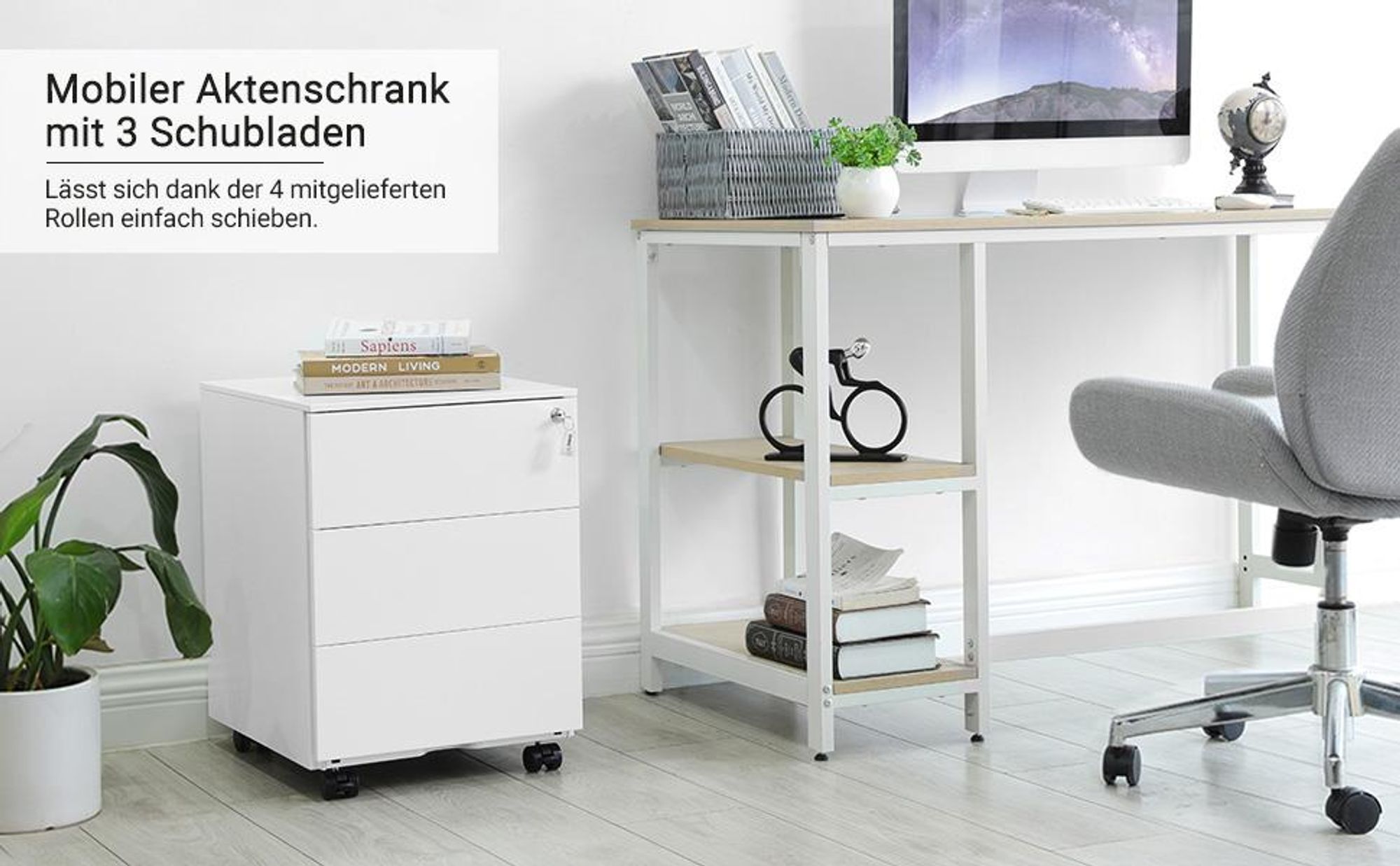 SONGMICS Rollcontainer, Rollcontainer Aktenschrank Büroutensilien, weiß