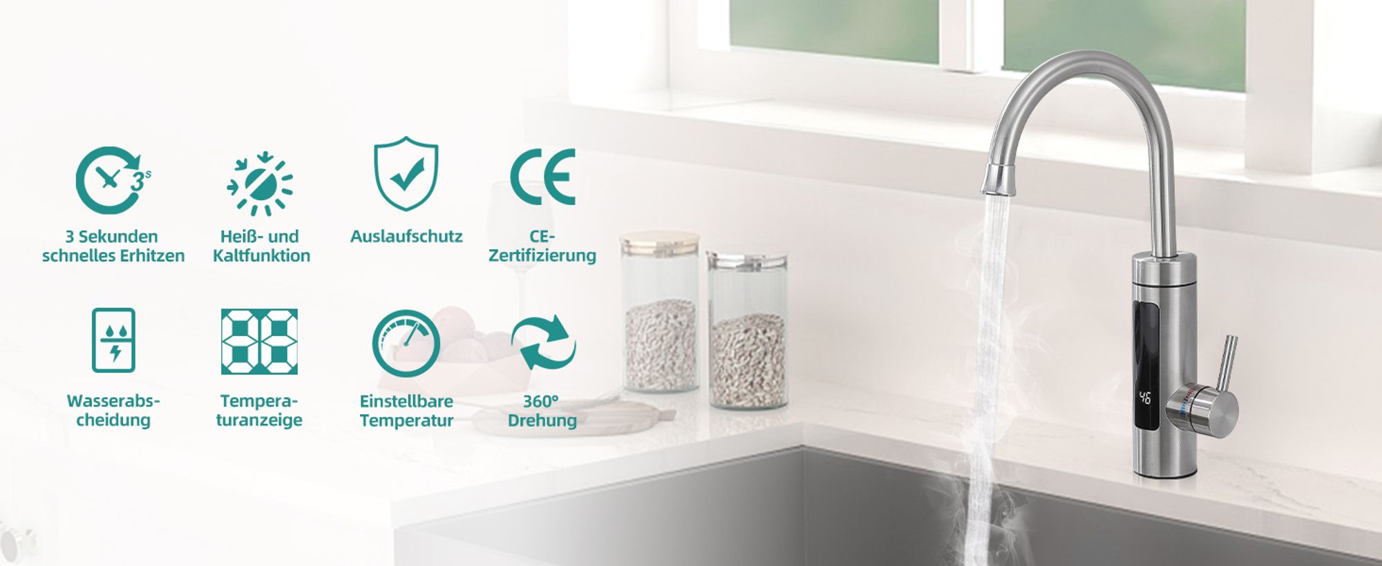 Homelody Elektrische Küchenarmatur mit Wasserfilter, Wasserhahn 360° drehbar mit Durchlauferhitzer, Wasserhahn Trinkwasserfilter LED Temperaturanzeige