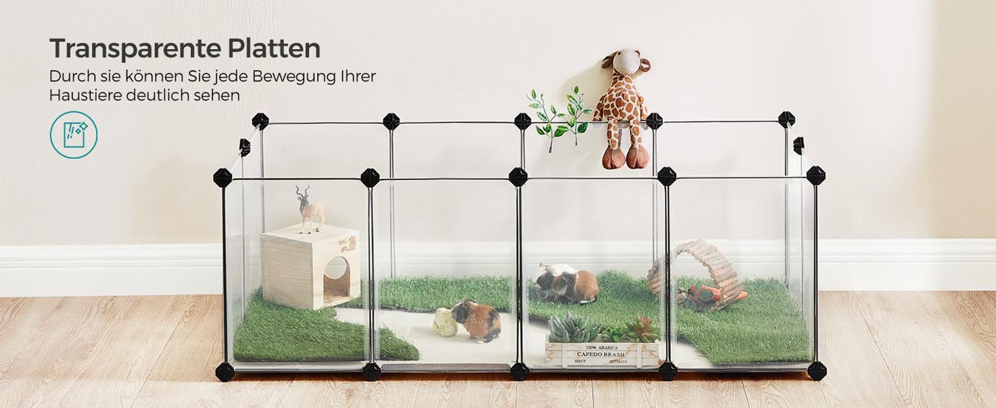 SONGMICS Kleintierkäfig, Freigehege mit Bodenplatten, 125 x 63 x 42 cm, weiß