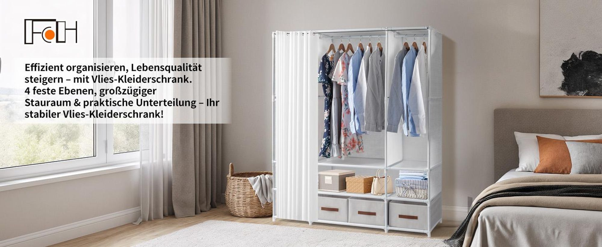 FCH Kleiderschrank, Stoffschrank mit Kleiderstange, Aufbewahrungsbox, Vorhang, 144 x 45 x 166.5 cm, Weiß