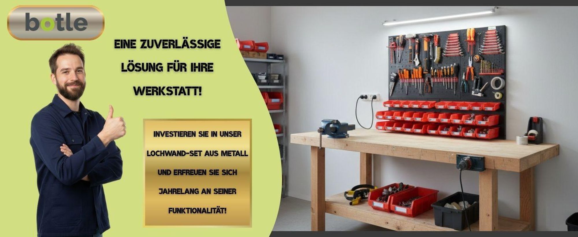 botle® Werkzeugwand Lochwand aus Metall, Stapelboxen + Wandregal + Werkzeughalter 114-tlg Set, Kleinteilelager, Wandwerkstatt mit 60 stapelbaren in 3 Farbe Behältern auch mit Deckeln, Hängeregal Sortierregal
