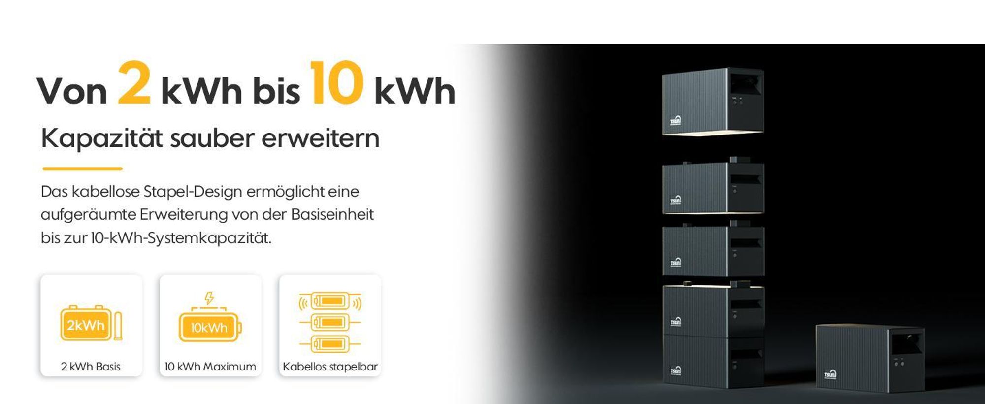 Balkonkraftwerk Speicher TSUN DCU2000Lite 2kWh (bis 10 kWh erweiterbar), 314Ah Industriezellen, 2400W PV Input mit Dual MPPT, Plug & Play (0% MwSt)