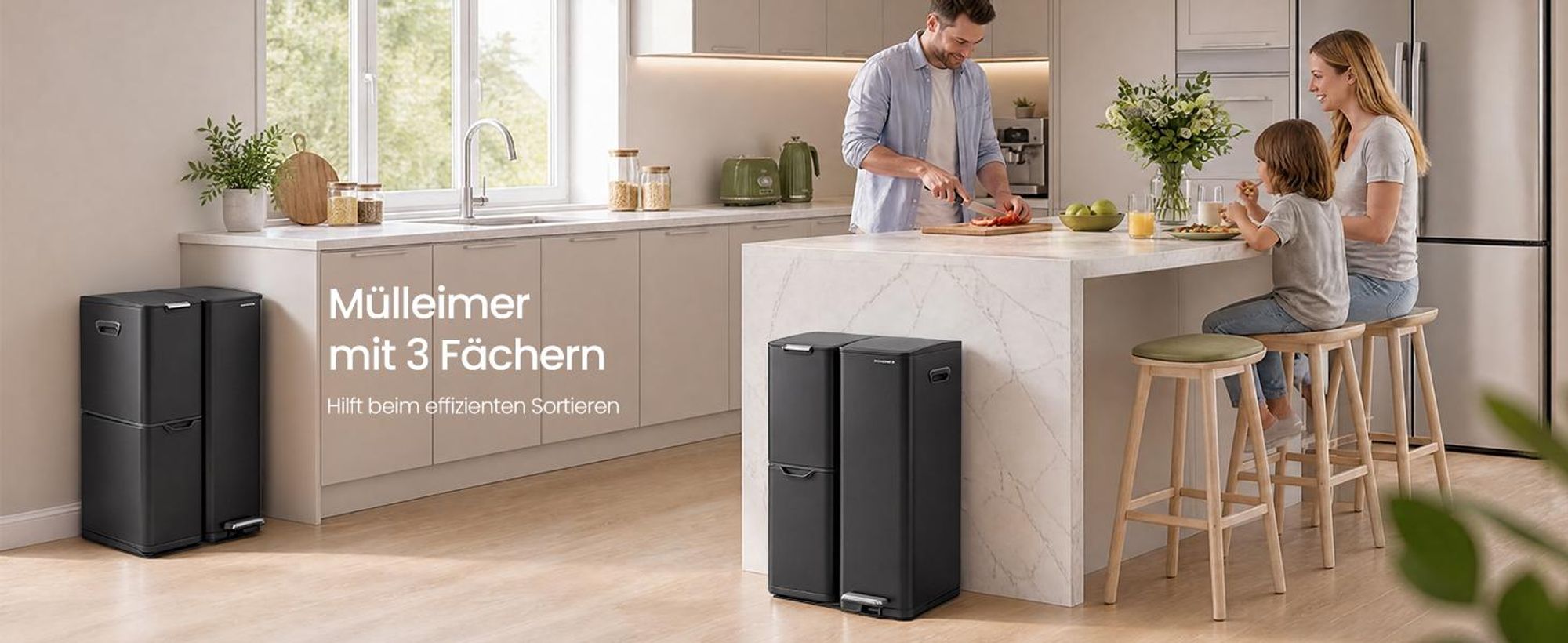 SONGMICS Mülltrennsystem Küche 60 L Tretmülleimer mit 3 Fächern 46,7 x 39 x 71,9 cm Schwarz