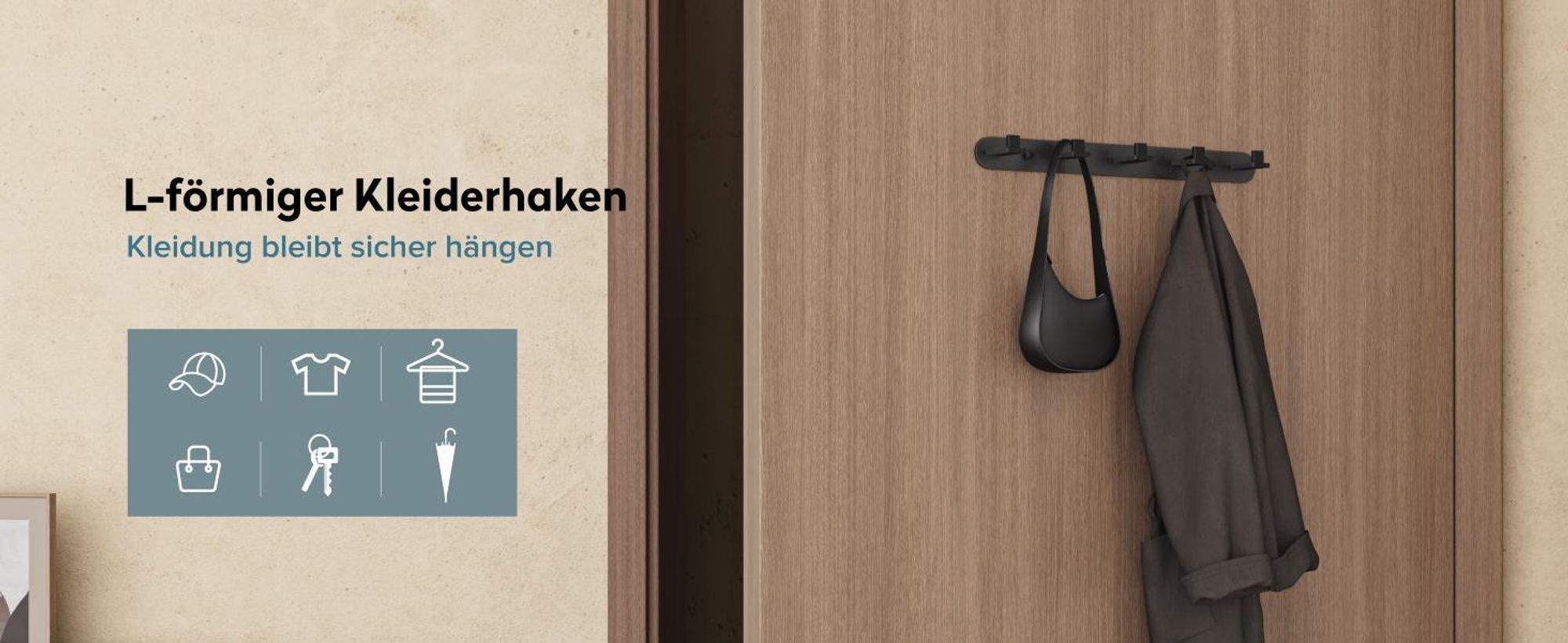 doporro Garderobenhaken Edelstahl, Kleiderhaken Wand mit 5 Haken, selbstklebend & ohne Bohren Matt schwarz für Jacken, Handtücher Stalo-09