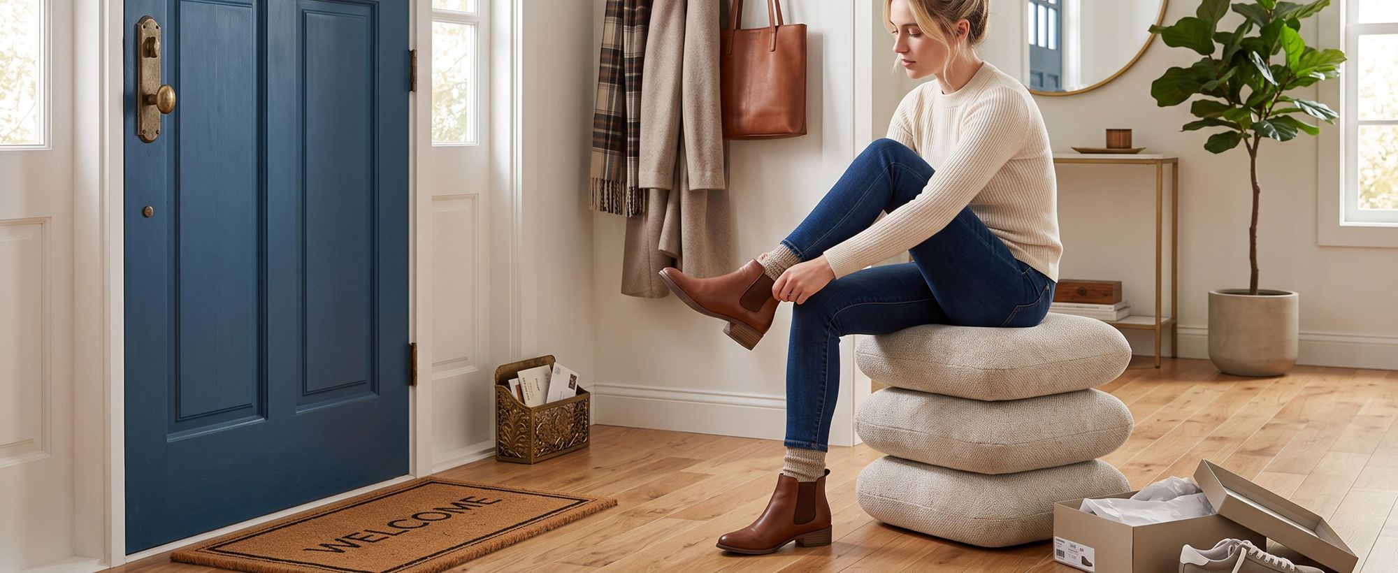 Duhome Sitzhocker aus Bouclé Polsterhocker 360° Drehbar Ottoman Modern Fußhocker für Wohnzimmer Schlafzimmer Flur, Beige