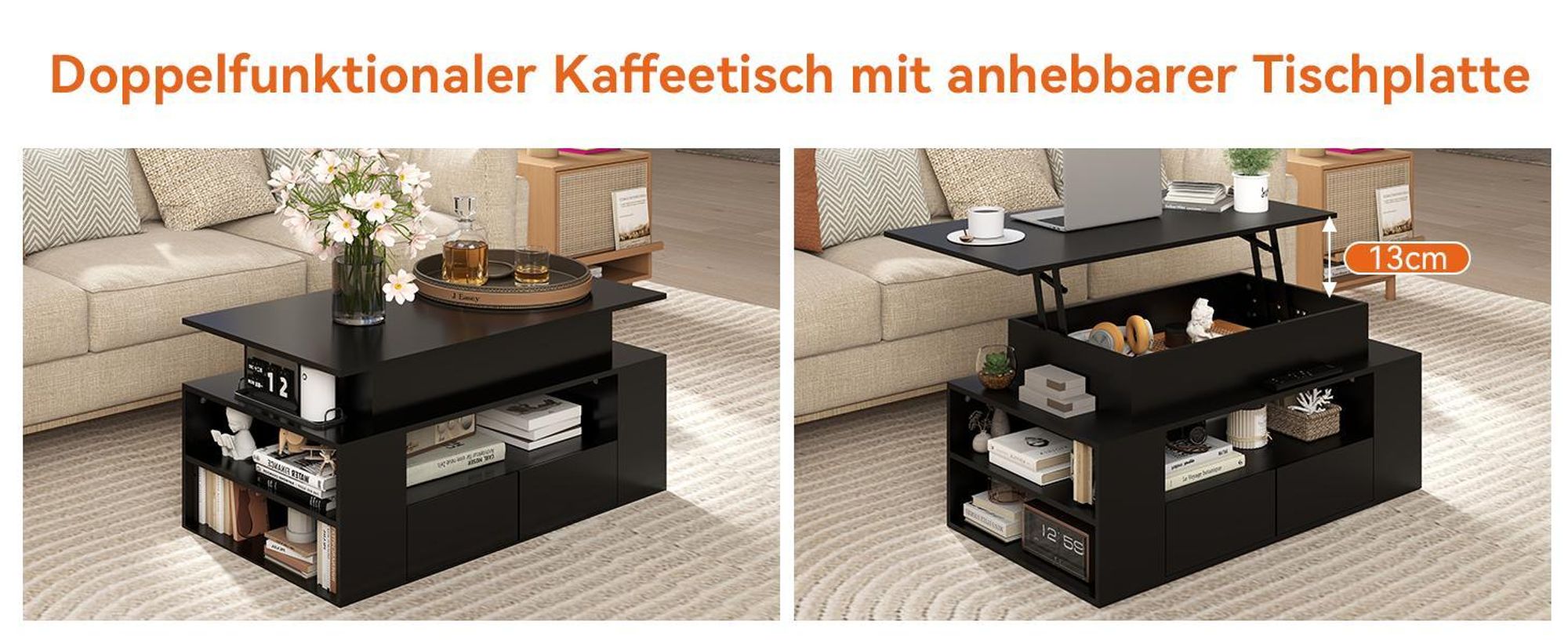 Puluomis Couchtisch mit Schublade, Abhebbarer Tischplatte, RGB Lichtleiste mit App Steuerung Kaffeetisch Schreibtisch Sofatisch für Wohnzimmer schwarz