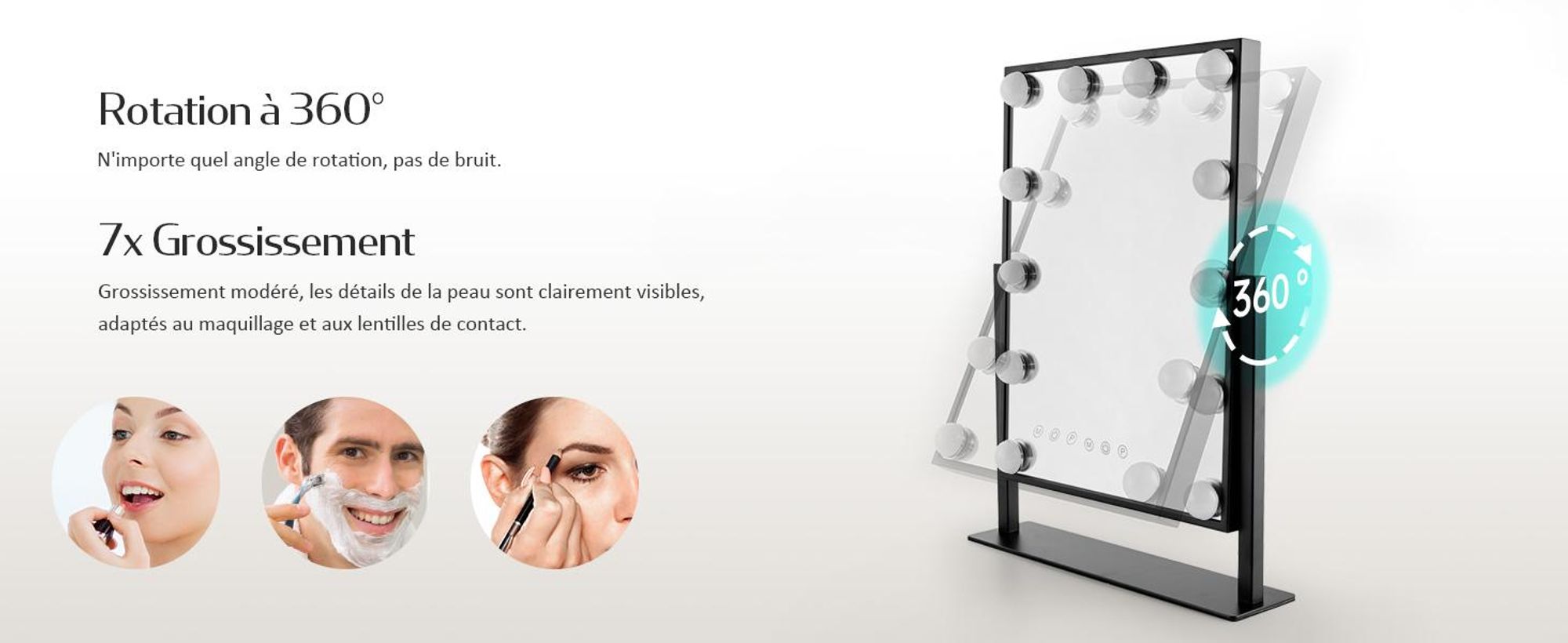 EMKE Hollywood Miroir de courtoisie 85x364x475mm avec miroir grossissant 7x, noir Miroir de courtoisie avec écran tactile intelligent et 3 couleurs de lumière, 12 lampes LED à intensité variable, pivotant à 360° et fonction mémoire
