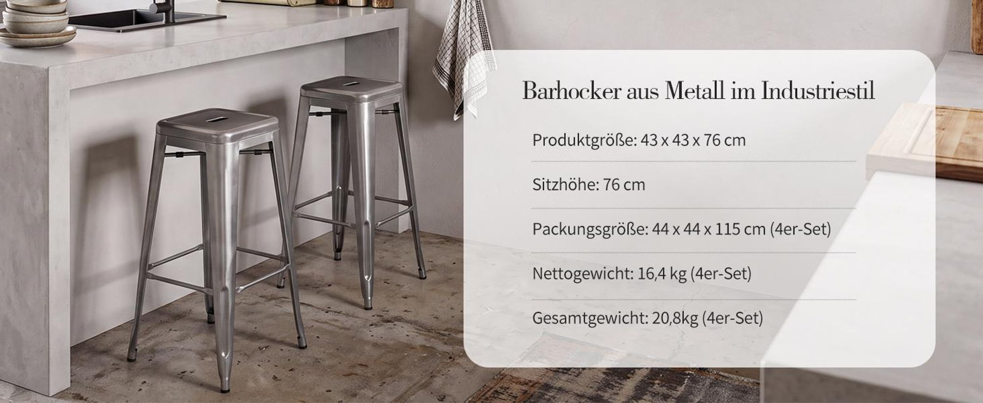 4x Stuhl Hocker Metall Farbwahl Used Look Sitzfläche Holz Barhocker stapelbar, Farbe:Metallic, Material:Metall