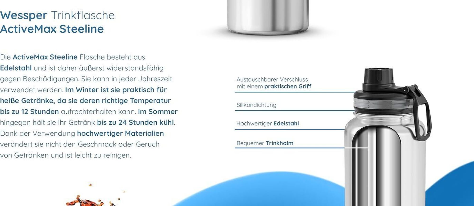 Wessper B3 THERMOSTEEL Thermoflasche 1 L Orange mit 3 Verschlüssen