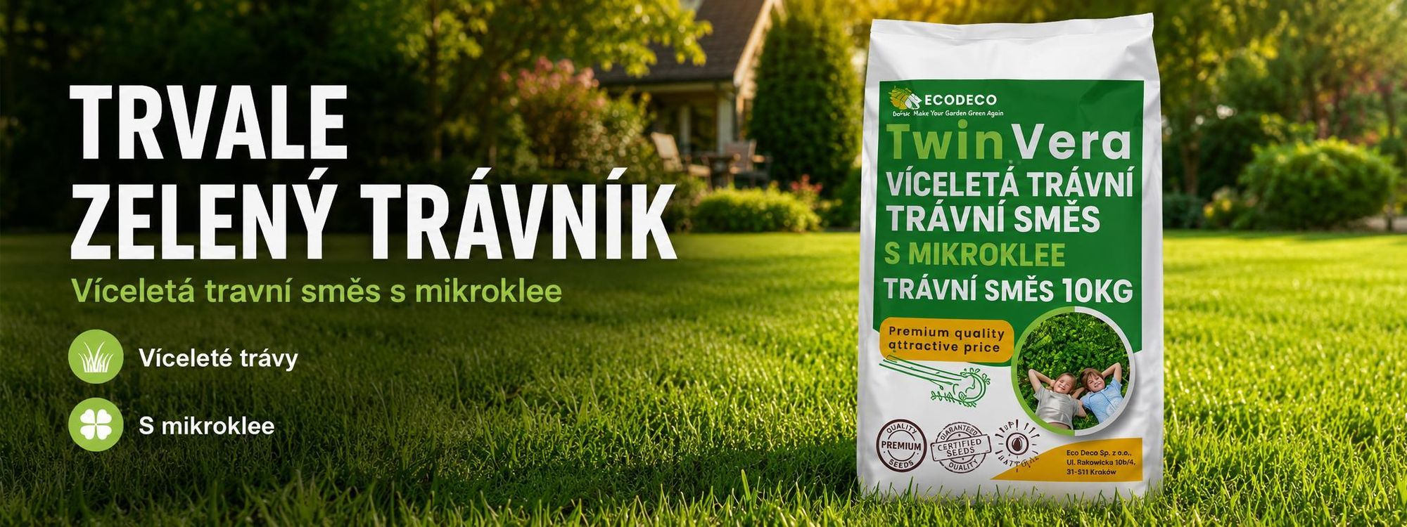 EcoDeco univerzální travní semeno s mikrojetelem, odolné proti sešlapu, 10 kg pro 400 m²