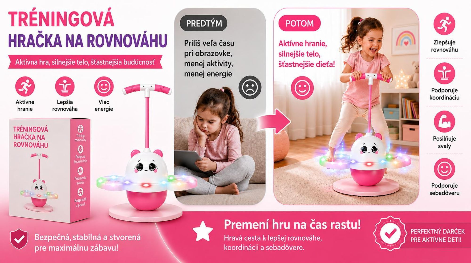 Skákacia doska na tréning rovnováhy s LED svetlami, vyvažovací podložka pre deti - HOPLINKA, ružová