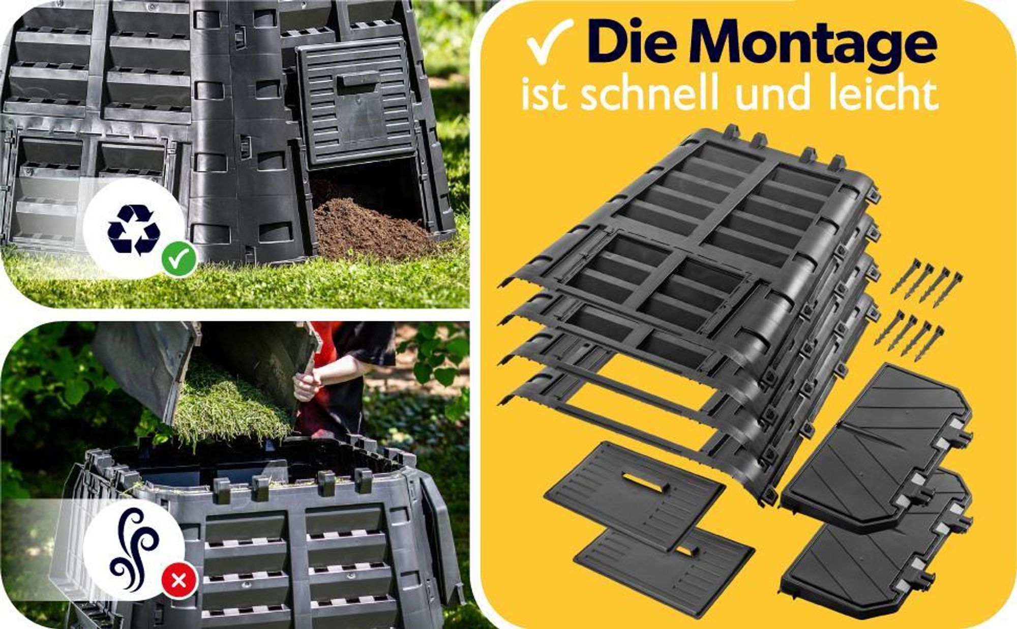 KADAX Komposter aus Kunststoff "Boko", witterungsbeständiger mit Deckel, Schwarz, 480L