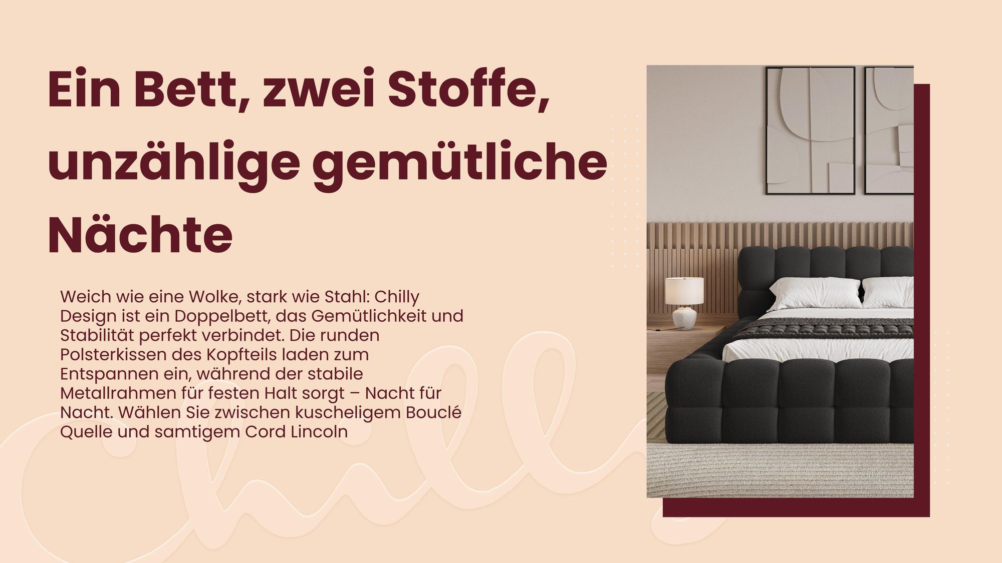 Chilly Möbel Design Polsterbett Verona 200x200 cm Bouclé Schwarz – Doppelbett mit Stauraum, Metallrahmen & Bettkasten | Quelle 100