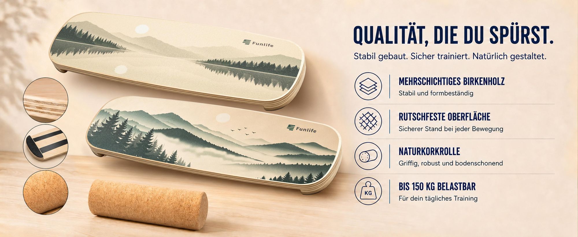 FunLife Balance Board mit Korkrolle – Balancetrainer aus Birkenholz – rutschhemmend – für Balance, Core Training, Fitness & Workout, MORNING MIST