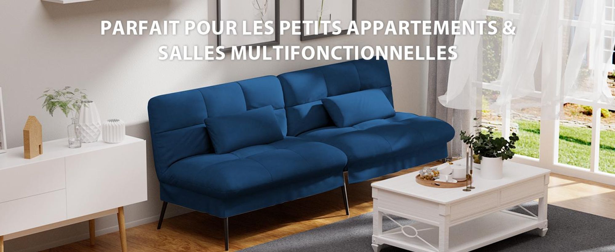 COMHOMA Canapé convertible avec fonction sommeil, housse Futon Canapé pliant, canapé-lit, canapé d'angle, canapé-lit d'appoint, canapé 3 places, avec dossier réglable en tissu, bleu