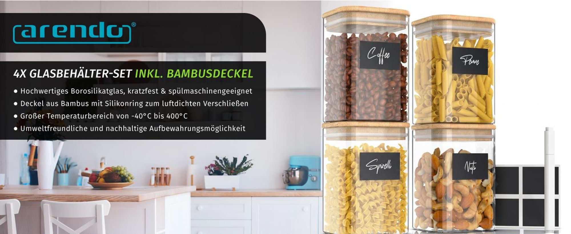 Arendo Vorratsgläser, Glasbehälter-Set 4x 1,2 L Borosilikat quadratisch mit Bambusdeckel, 4er Set, luftdicht, hitze & kältebeständig, Mikrowellen & spülmaschinengeeignet