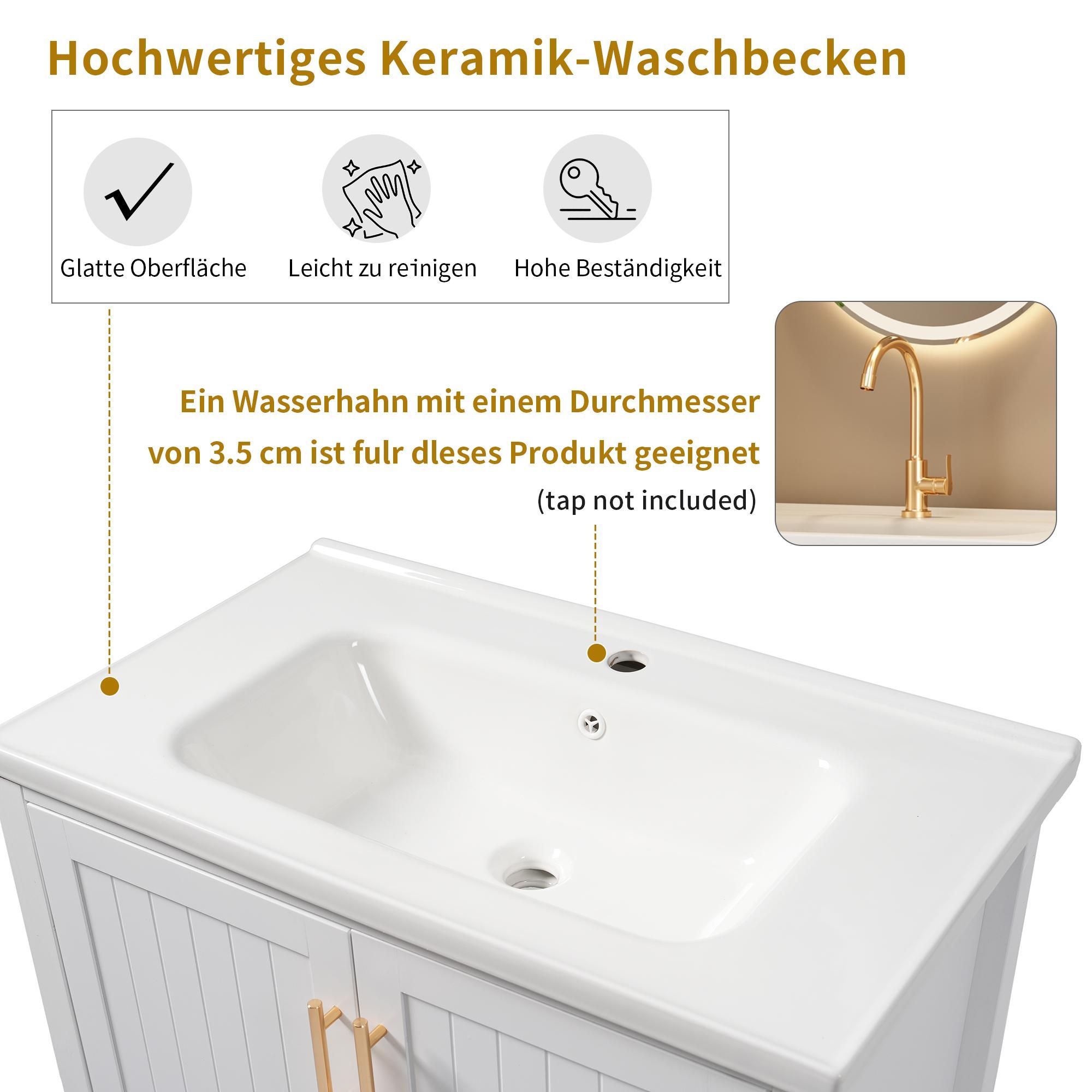 Merax Waschtischunterschrank 80 cm, mit Keramik-Waschbecken, Bodenstehender Badezimmerschrank, Zwei Türen und offenes Fach, Badezimmermöbel, Weiß