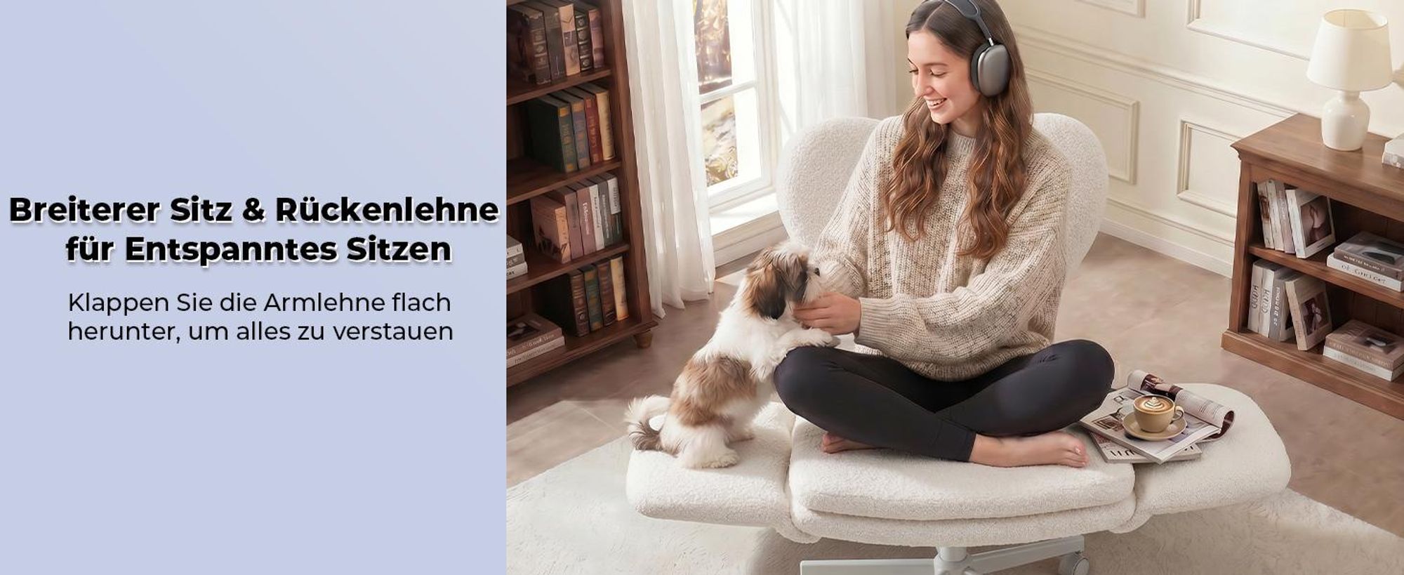 Bürostuhl Gamingstuhl mit Teddybezug, drehbar, mit klappbarer Tischplatte und Rollen, für Arbeitszimmer, Weiß