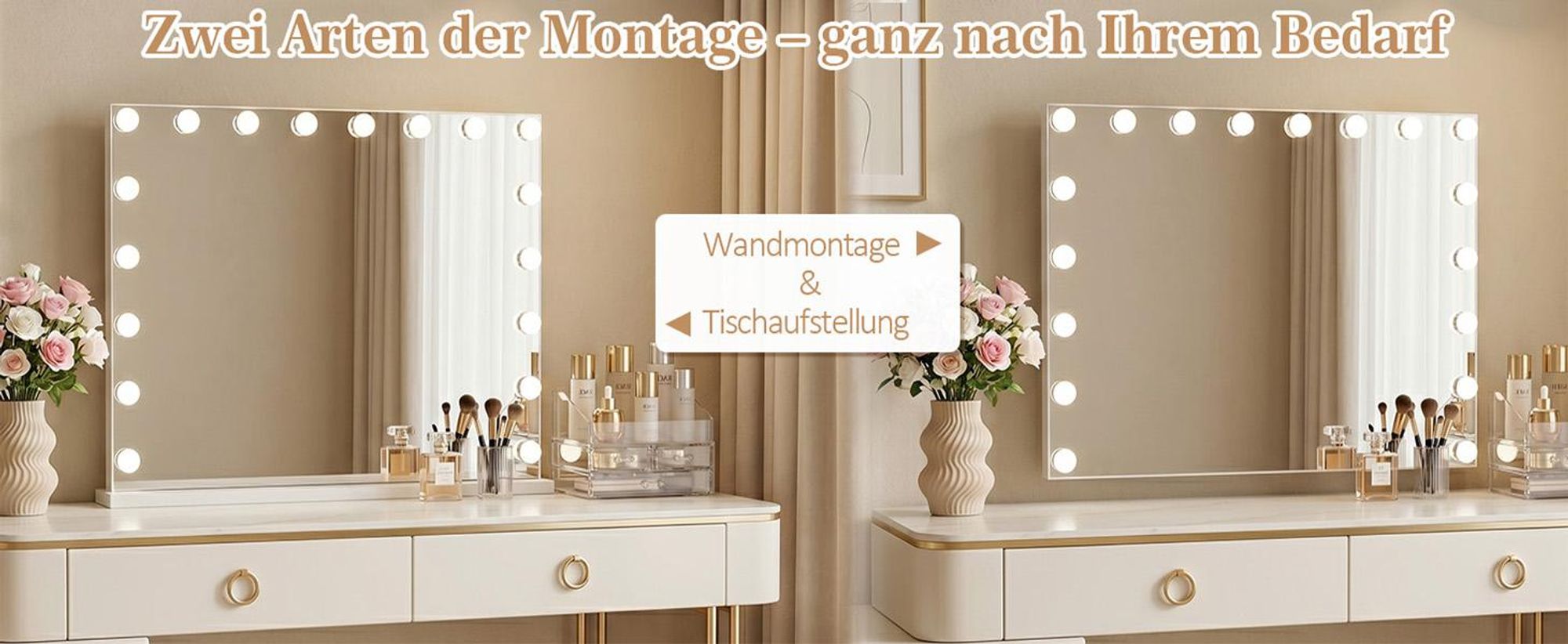 VANITII Hollywood Schminkspiegel 80cm x 58cm mit Beleuchtung 18 Dimmer Leuchten 3 Lichtmodus Bluetooth Kosmetikspiegel für Badzimmer Schminktisch Weiß