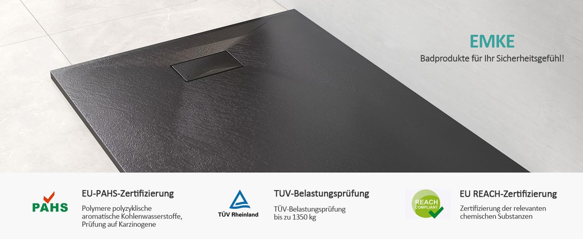 EMKE Duschwanne Flach Rechteckig 140x90cm Duschtasse mit Rutschfeste Struktur in Schwarz Steinoptik inkl. Ablaufgarnitur