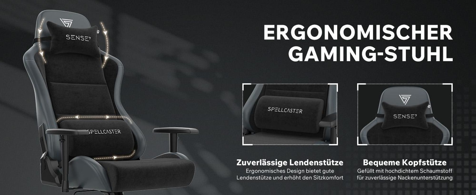 SENSE7 Spellcaster FUKU XL Gaming Stuhl Alcantara Schwarz - Ergonomischer Bürostuhl für große Personen 160kg Kaltschaum Chefsessel Breite Sitzfläche