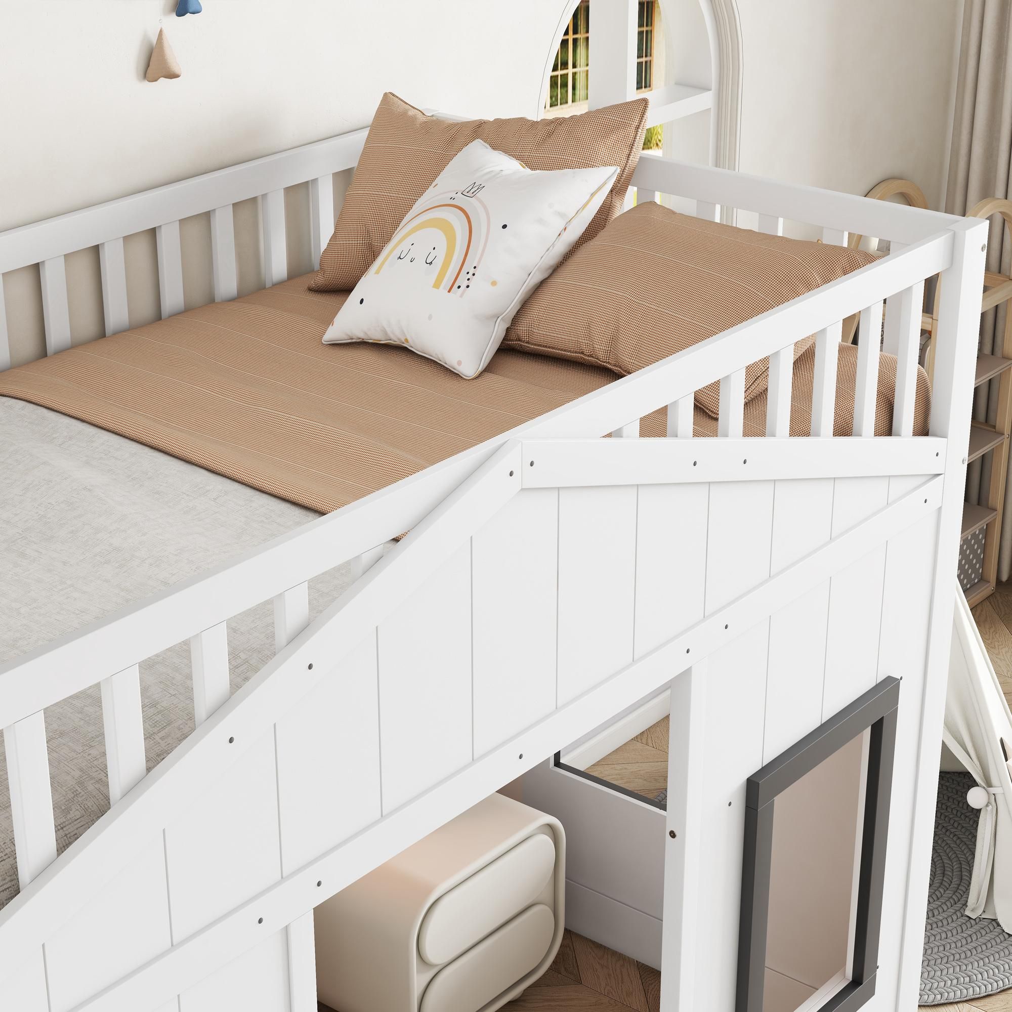 Merax Etagenbett 90x200cm mit Fallschutz und Gitter, Hausbett mit Treppe, Kinderbett mit Fenster aus Kiefer + MDF, Weiß, Frei gestaltbares Unterbett