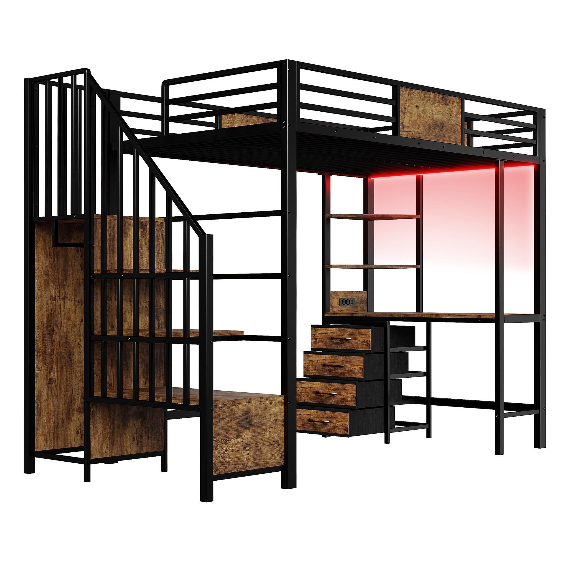 Flieks Etagenbett 90x200cm mit Schreibtisch und Steckdose, Hochbett mit Treppe und Stange, Kinderbett Jugendbett mit Rausfallschutz, Schwarz