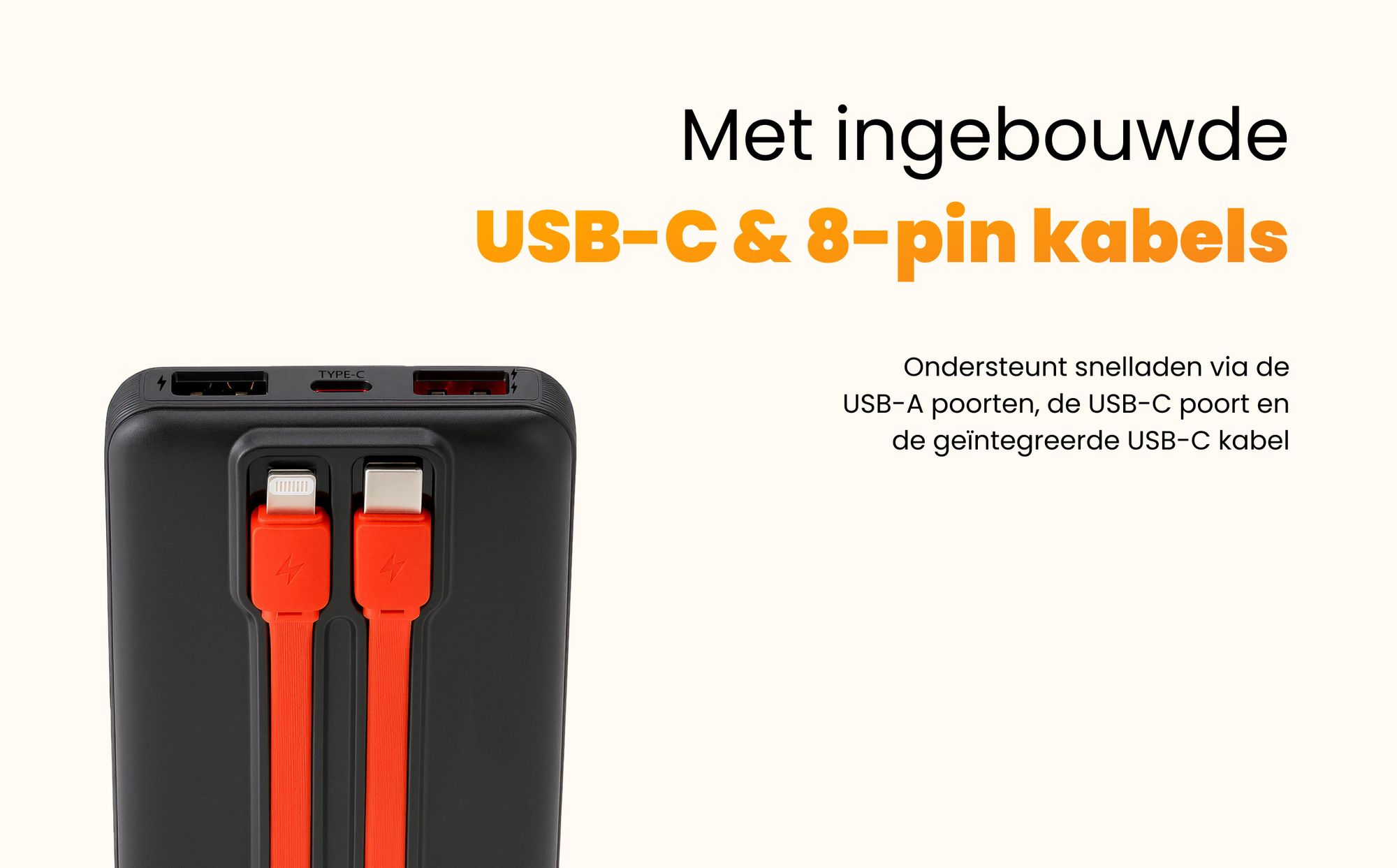 R2B Powerbank 10.000 mAh met Kabels - 22,5W Snelladen - USB-C