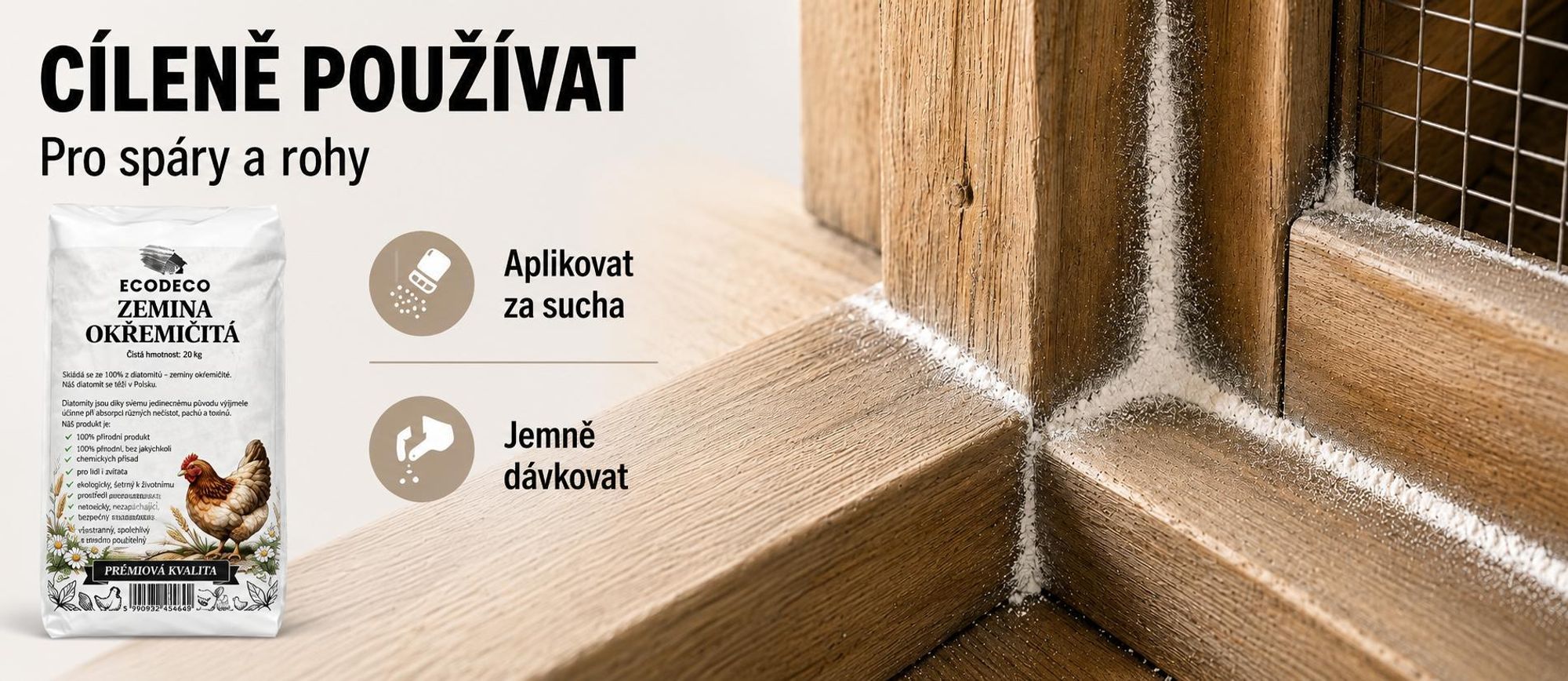 Ecodeco, křemelitá zemina (diatomit), 10 kg. Vhodná pro slepčí hnízda, stelivo a chov zvířat. Minerální materiál, který dobře absorbuje vlhkost, je bez zápachu