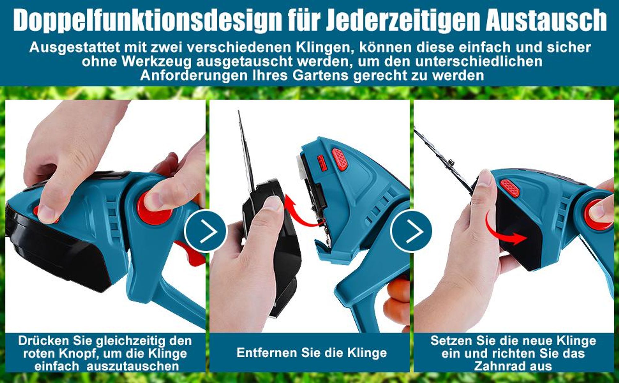 Akku Heckenschere, Kabellose Grasschere, Elektrische Rasentrimmer, Grasschneider, Elektrischer Strauchschere, mit 2 Klingen, 1 Akku und 1 Ladegerät