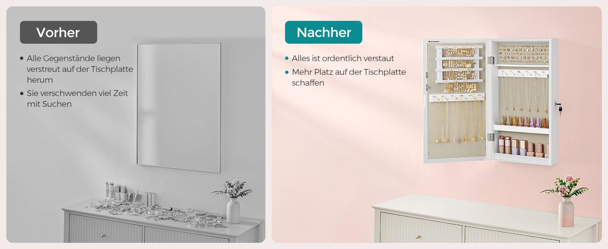 SONGMICS Schmuckschrank Spiegelschrank abschließbarer Wandschrank, weiß