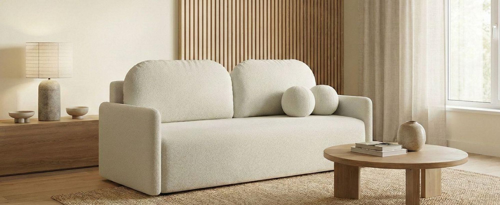 DEKORI Skandinavisches Sofa MALVA – 3-Sitzer Stoffsofa mit runden Kissen - QUELLE 05 (Beige)