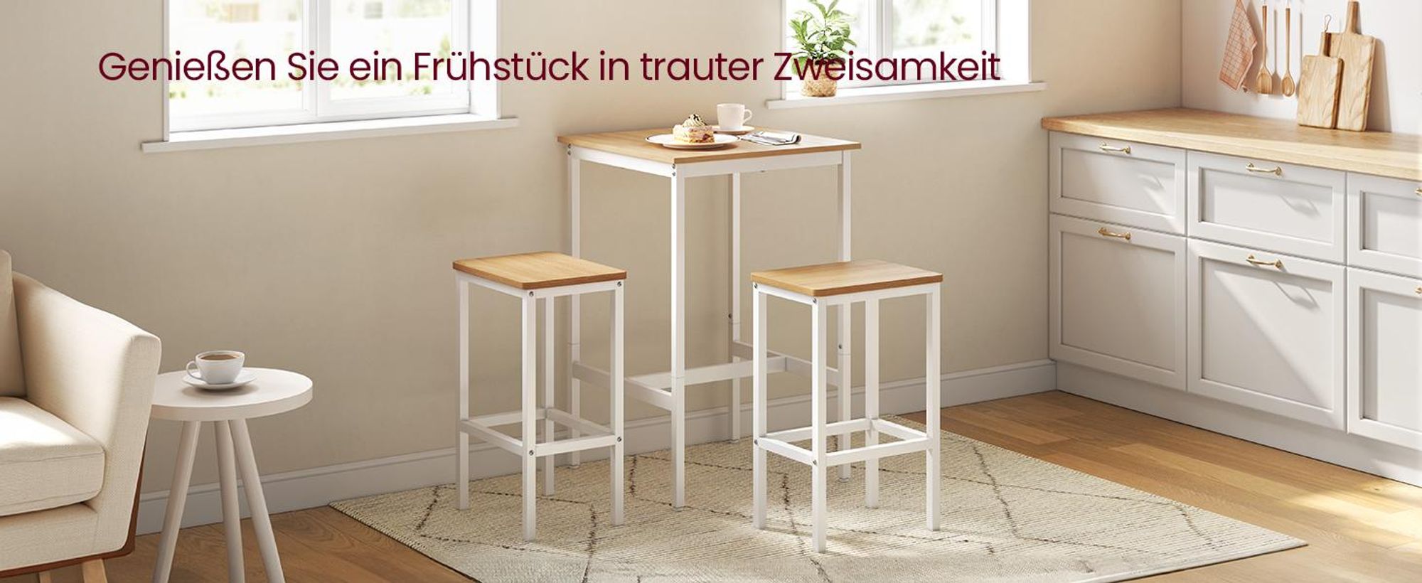 VASAGLE Bartisch-Set mit 2 Barhockern, 60 x 60 x 90 cm, weiß