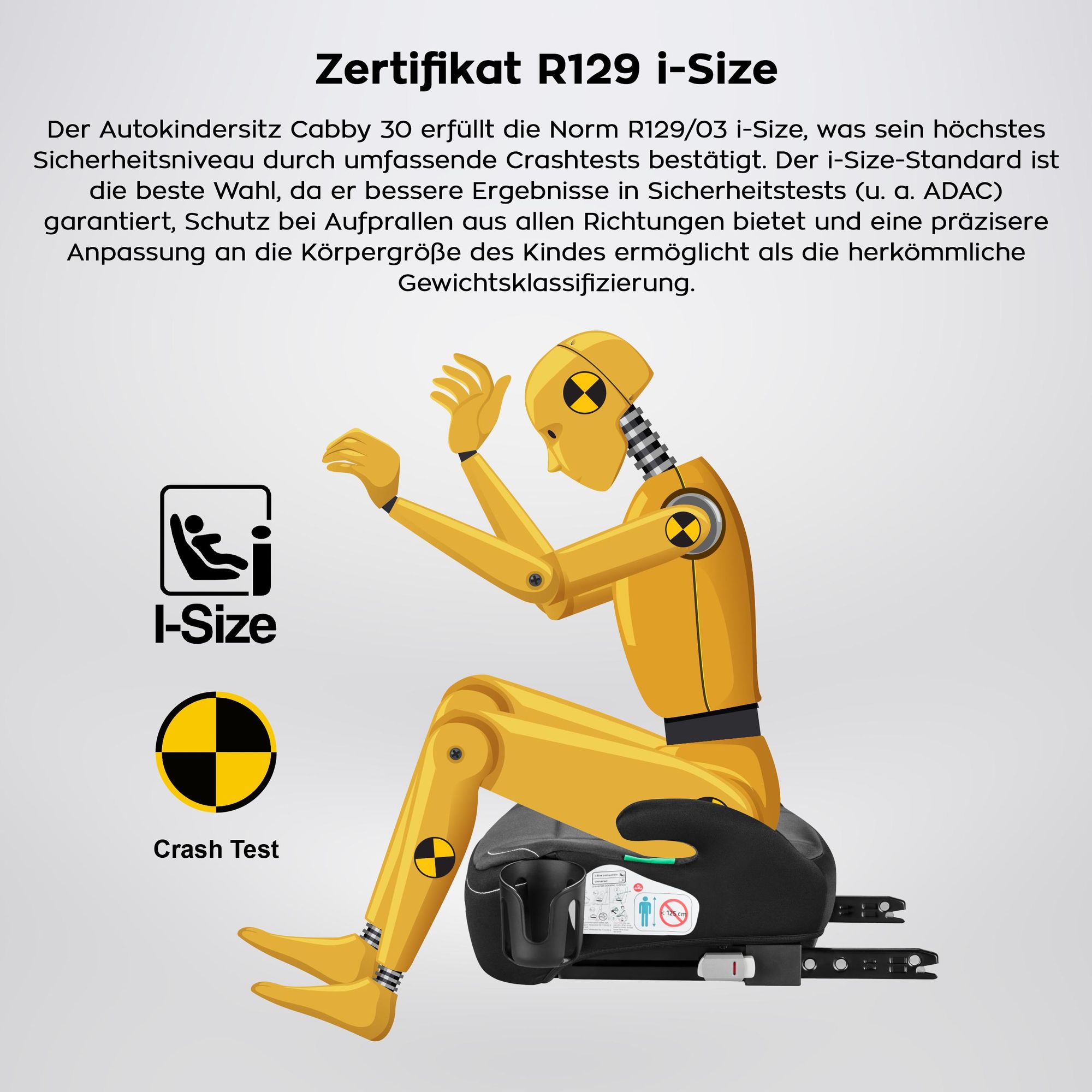 Tulano Cabby 30 Autokindersitz Grau – i-Size 125–150 cm, ISOFIX + Gurt, Getränkehalter, abnehmbarer Bezug