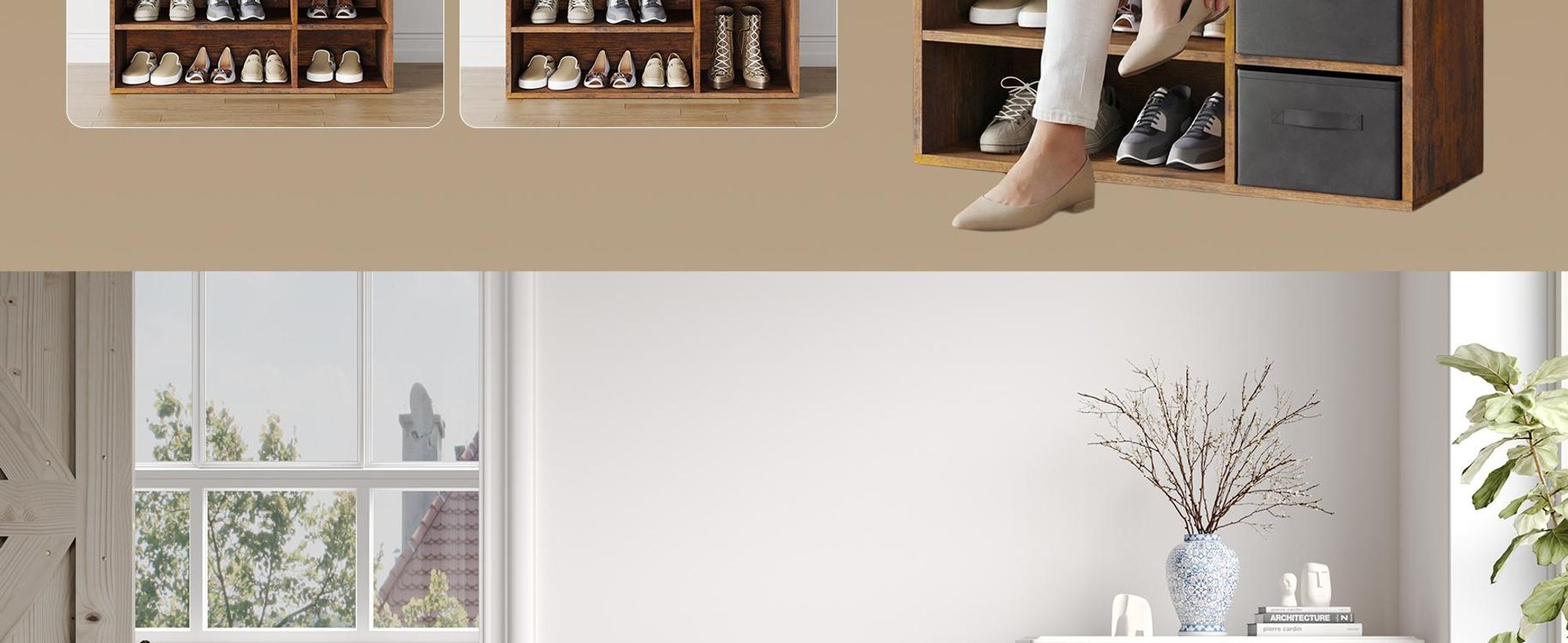 Mondeer Schuhbank mit Sitzfläche, Holzschuhablage mit Stoffschublade und Aufklappbarem Kissen, für Wohnzimmer, 80 x 48 x 30 cm, Braun & Schwarz