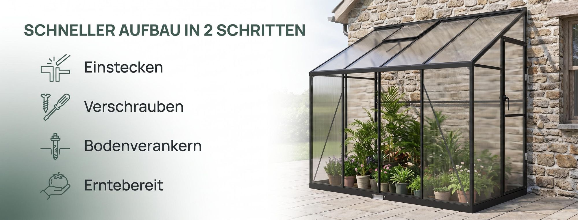 ROSEJANE Anlehngewächshaus winterfest aus Aluminium mit Schiebetür und Dachfenster, Gewächshaus mit 4 mm Polycarbonat-Hohlkammerplatten,125 x 110 x 195 cm