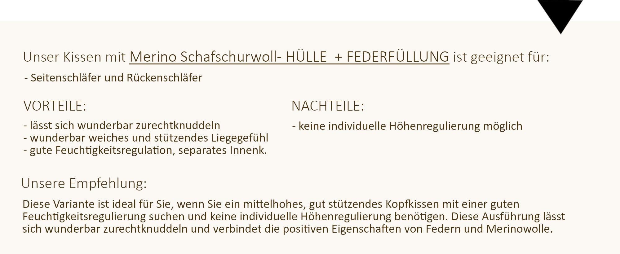 Kissen mit Merino Schafschurwoll- Hülle + Federfüllung: für Seitenschläfer und Rückenschläfer.
