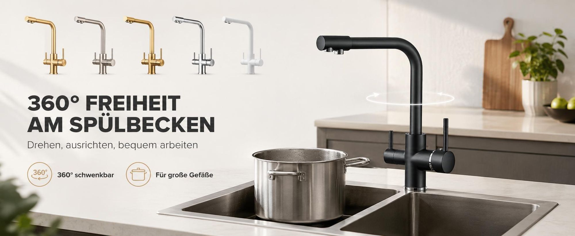 3-Wege Küchenarmatur Venom mit Wasserfilter-Anschluss, herausziehbare Brause, 360° schwenkbar, getrennte Wasserwege, Keramikkartusche Schwarz-Matt