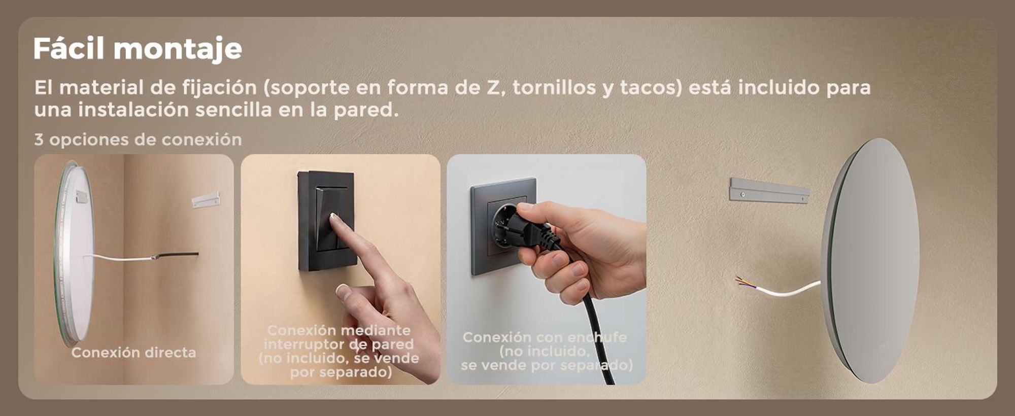 Espejo baño con luz LED redondo 70 cm S'AFIELINA, espejos de baño con led, espejo con luz baño, antivaho, regulable, 3 tonos de luz, memoria, IP65