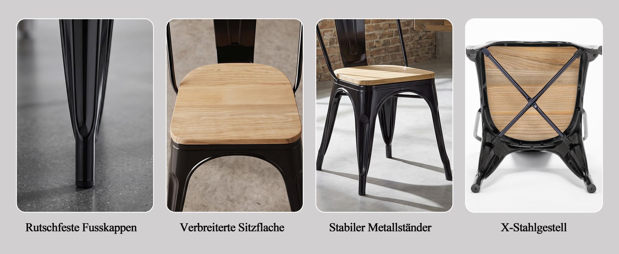 4x Küchenstuhl Stuhl Esszimmerstuhl aus METALL Sitzfläche aus Holz stapelbar, Farbe:Schwarz+Naturholz , Material:Metall