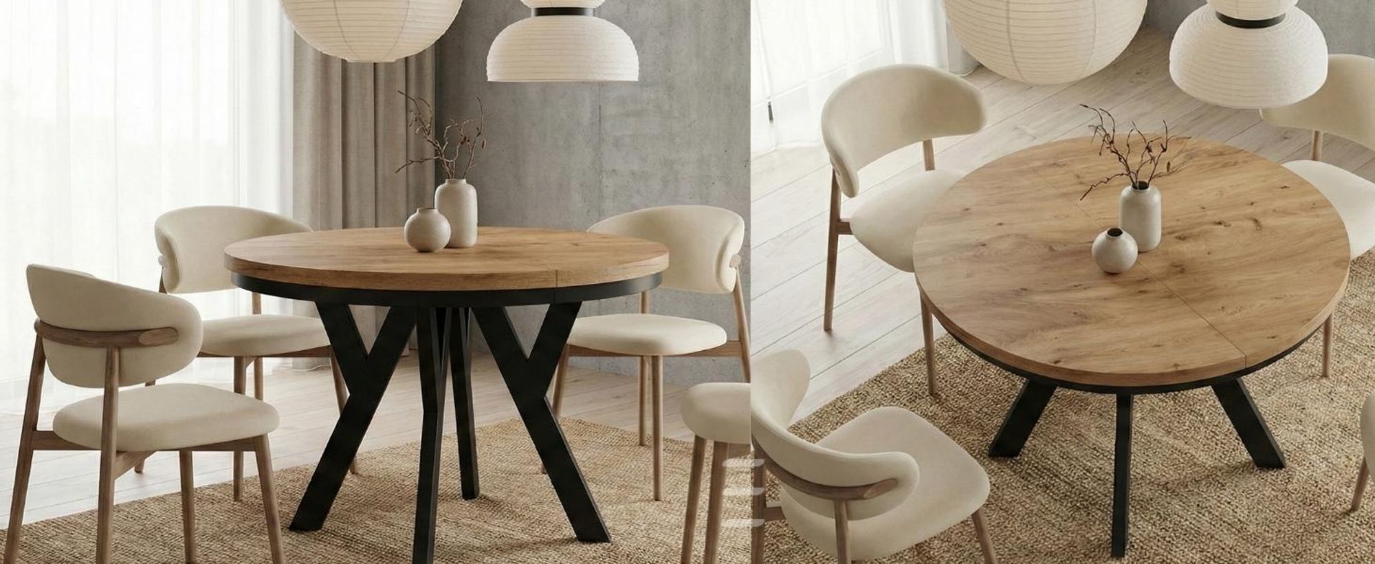 Runder Ausziehbarer Tisch für Esszimmer, PERO, Loft-Stil, Skandinavische, Durchmesser: 100 / 150 cm, Farbe: Eiche Lefkas
