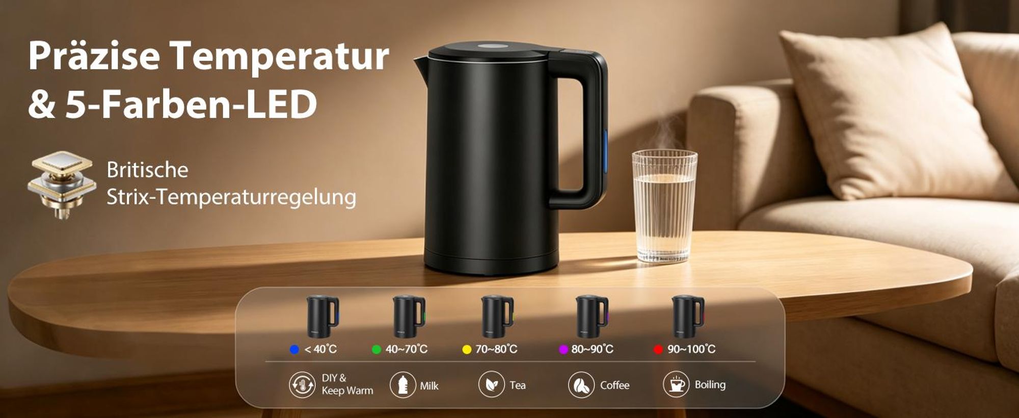 Aigostar Smart Glas-Wasserkocher 1,7L: WLAN & Alexa, 40°C-100°C Temperaturwahl, Innen 100% Edelstahl (Plastikfrei), Strix-Kontrolle, Schwarz