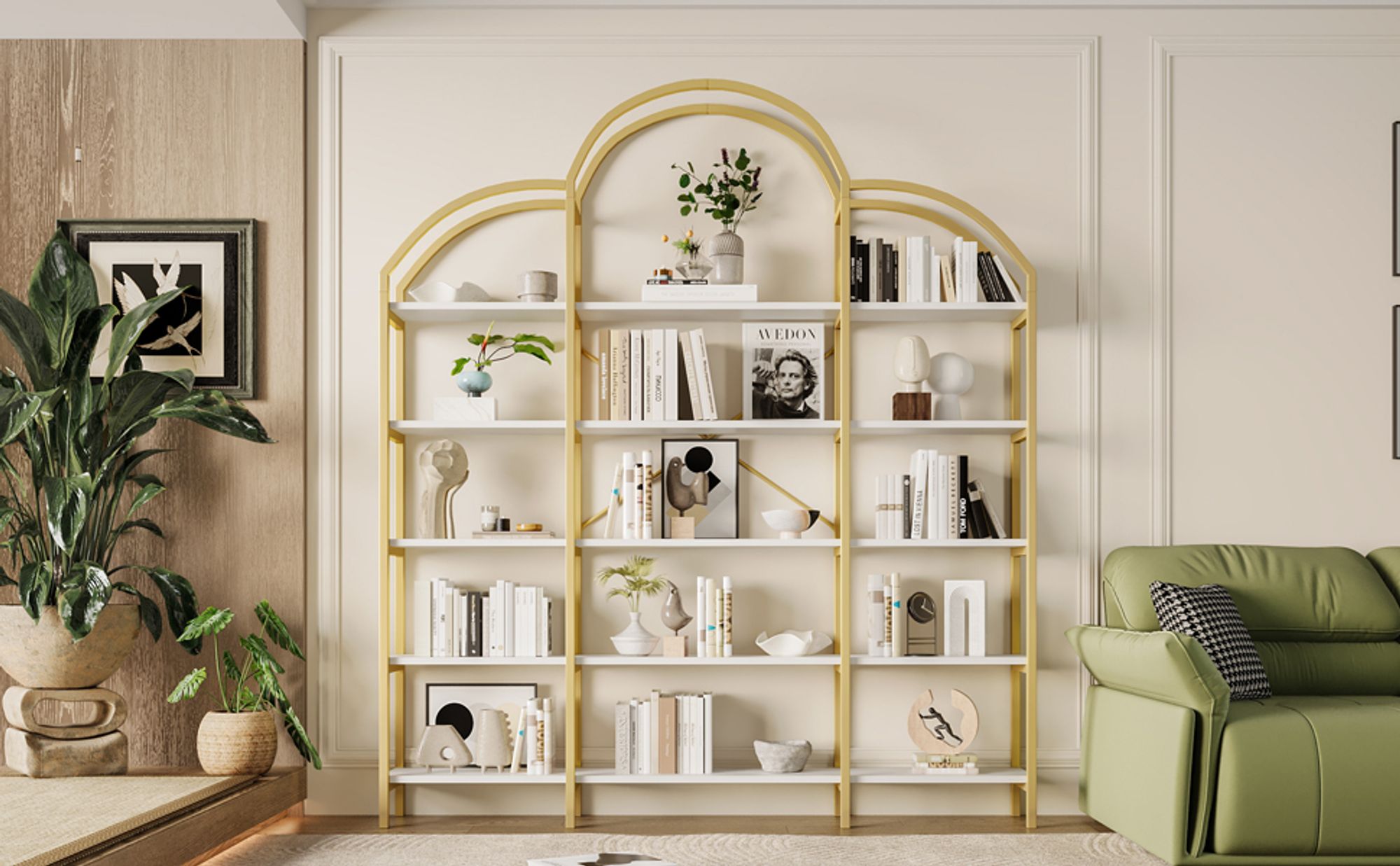 Flieks Bücherregal mit 5 Ebenen, 170x25x190 cm, Metallregal in einzigartiger Wolkenform, Standregal aus solidem Stahlrohr, weiß + gold