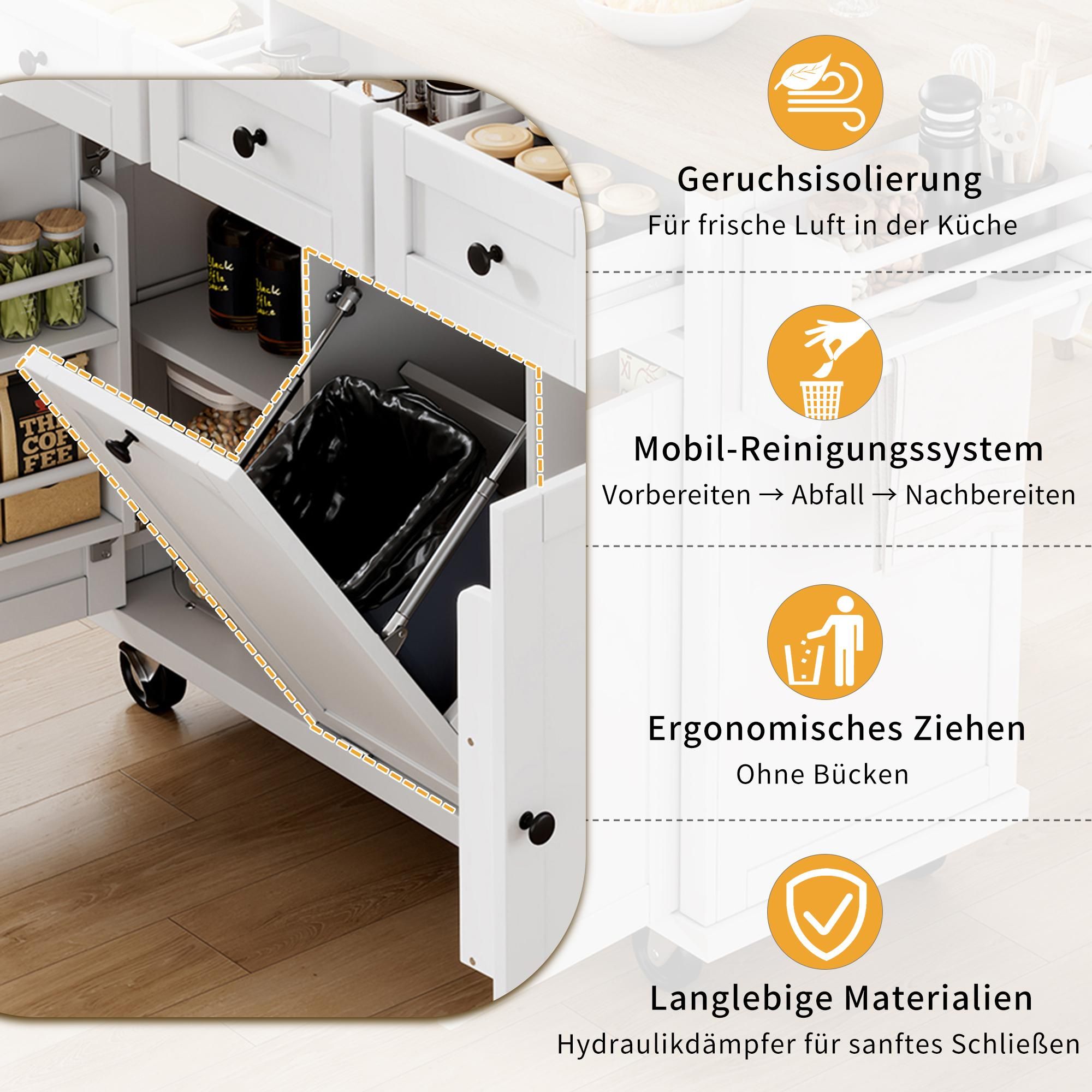 Merax Kücheninsel Servierwagen mit Erweiterbarer Arbeitsplatte, Schubladen und Tür, Küchenwagen auf Rollen, Mobil Küchenschrank, Weiß