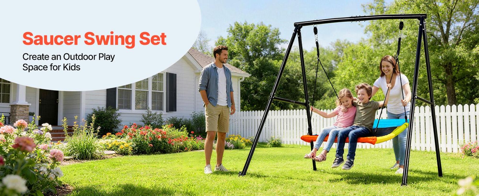 VEVOR Schaukeln für den Garten, 200 kg Tragfähigkeit Schaukelsystem, 40" Teller-Schaukel mit robustem A-Rahmen aus Metall und verstellbarem Seil, einfach zu montieren, Außenschaukel für Kinder, Einzelner Sitz, Plattformschaukel