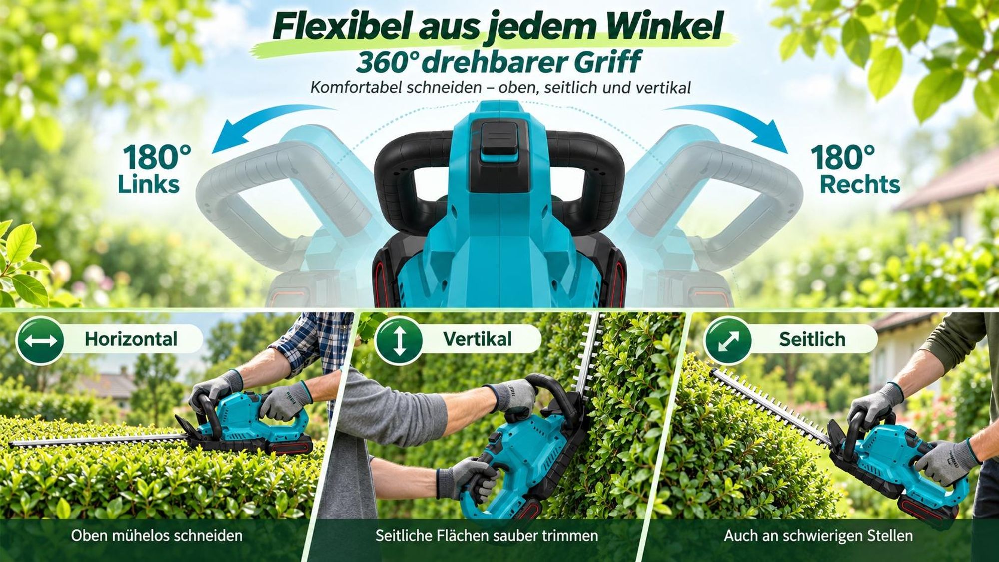 1500W Akku-Heckenschere 21V Brushless, 52 cm Messer, 2×4,0Ah Akkus, 360° Drehgriff, bis 26 mm Schnittstärke