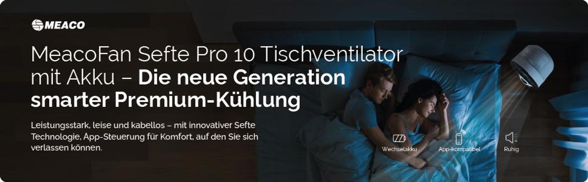 MeacoFan Sefte® 10 Pro – Akku-Tischventilator, 25 dB leise, 40 Std. Laufzeit, 1150 m³/h Luftleistung, 12 Geschwindigkeitsstufen, 3D-Oszillation