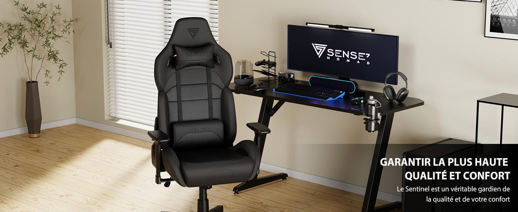 Fauteuil gaming SENSE7 Sentinel noir et gris - Fauteuil de bureau ergonomique, supportant jusqu'à 150 kg, accoudoirs 3D, fonction bascule, fauteuil de direction, fauteuil pour PC